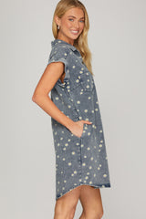 Daisy Print Denim Button Down Shirt Dress Denim Blue
