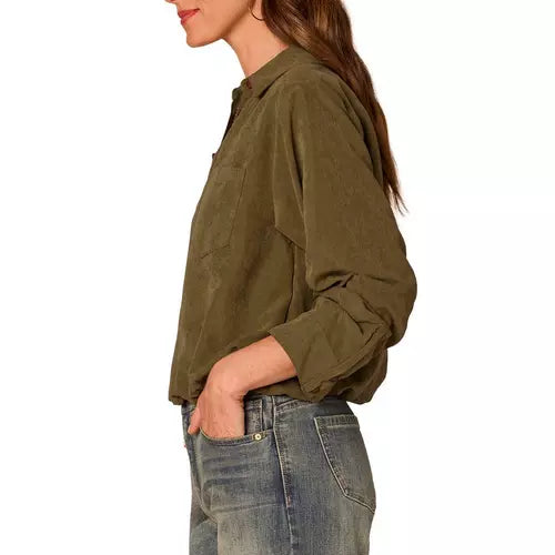 Bubble Hem 3/4 Tucked Sleeve Button Down Shirt Forest Moss