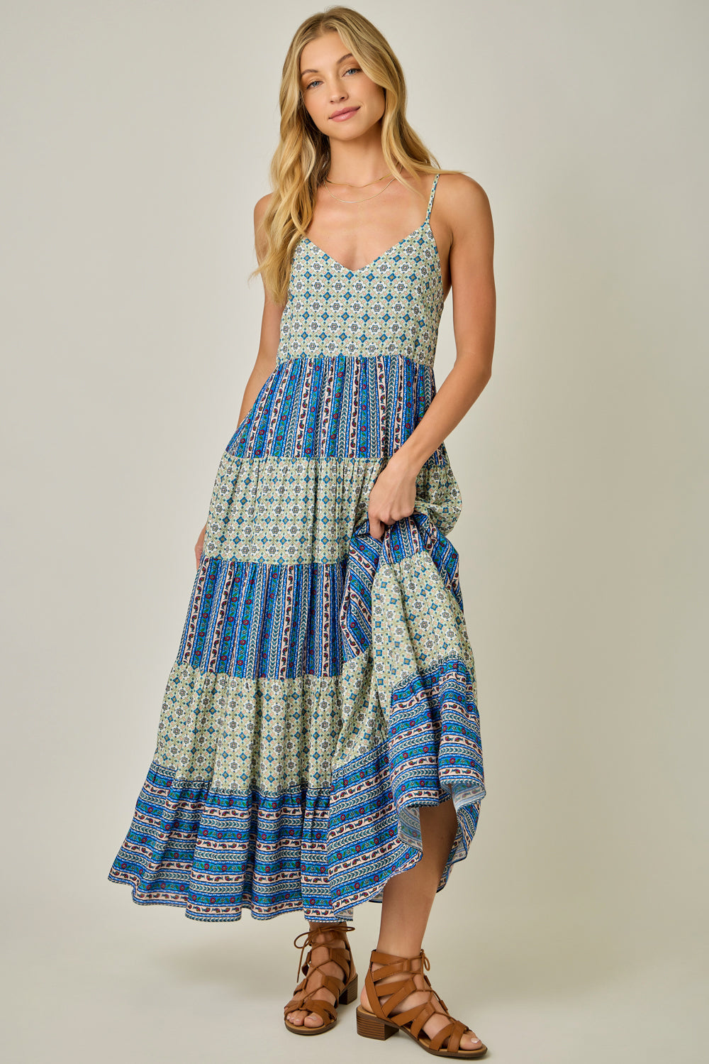 Color Blocked Boho Challis Tiered Sundress Sage + Blue