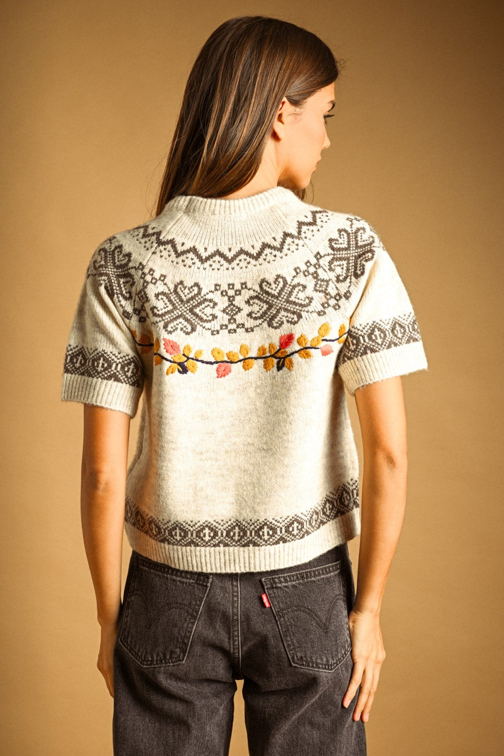 Embroidered Foliage Short Sleeve Sweater