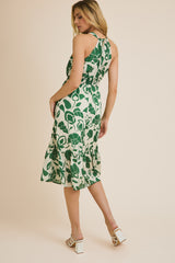 Sleeveless Halter Smocked Waist Floral Print Dress Cream + Green