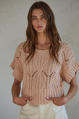 Cali Crochet Short Sleeve Sweater Top Dusty Pink