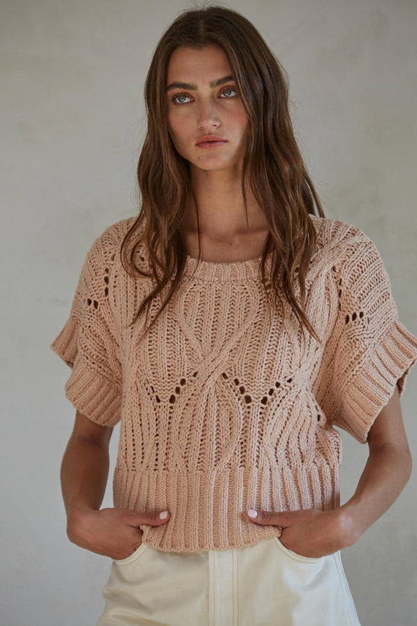Cali Crochet Short Sleeve Sweater Top Dusty Pink