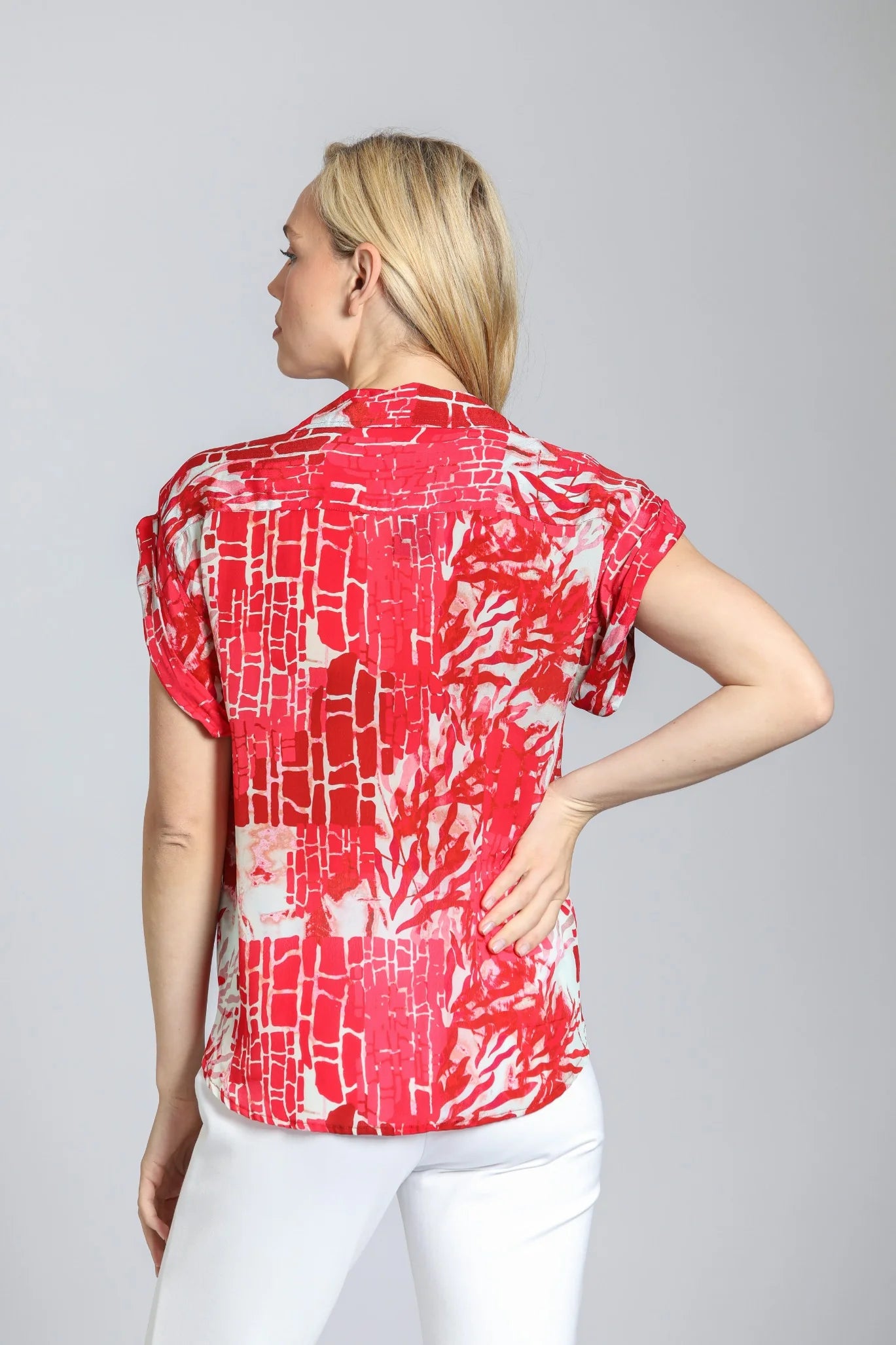 Tabbed Cap Sleeve Printed Wrap Blouse Scarlet Reef