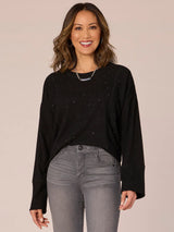 Mixed Media Rhinestone Knit Long Sleeve Top Black