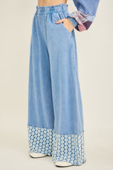 Mineral Washed Flower Daisy Trim Wide Leg Pants Denim Blue