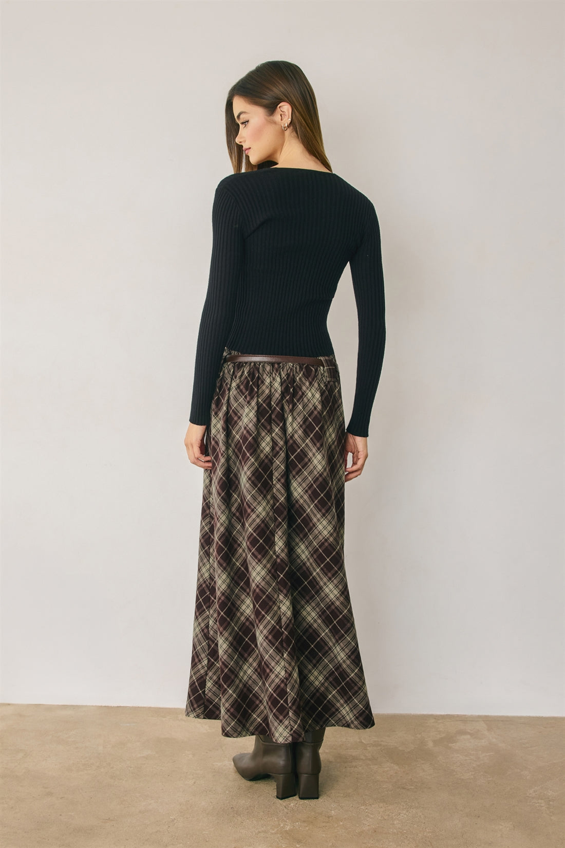 Belted Plaid Maxi Skirt Espresso