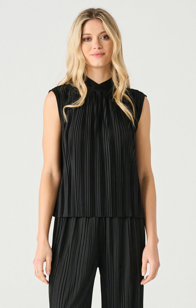 Back Tie Mock Neck Pleated Tank Black