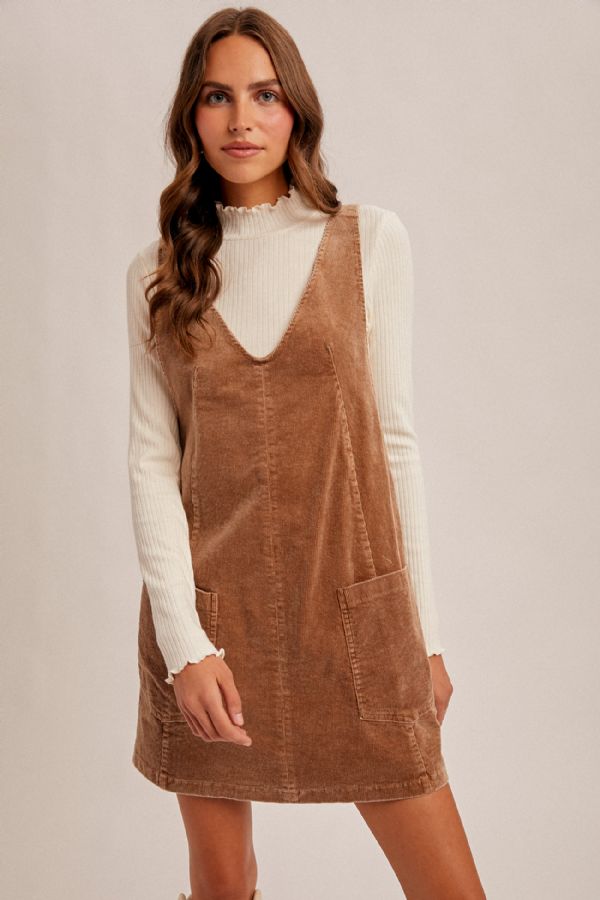 Snow Wash Corduroy Pinafore Overall Dress Taupe
