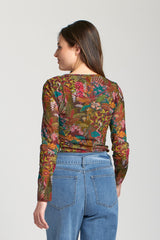 Floral Printed Long Sleeve Mesh Top Olive Multi