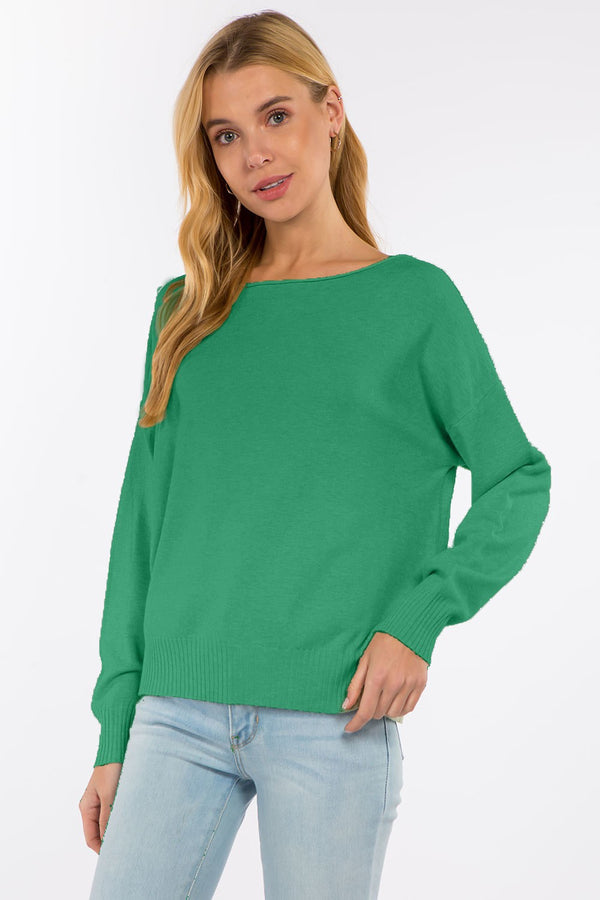Boat Neck Pullover Straight Hem Sweater Heather Green