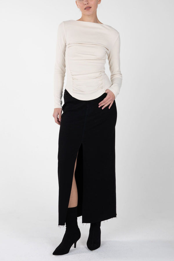 Ruched Detail Wide Neck Long Sleeve Top Beige