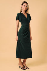 Surplice Flutter Asymmetric Pleats Midi Dress Forest Green