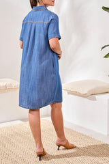 Lace Up Detail Popover Denim Shirt Dress Seaside Blue