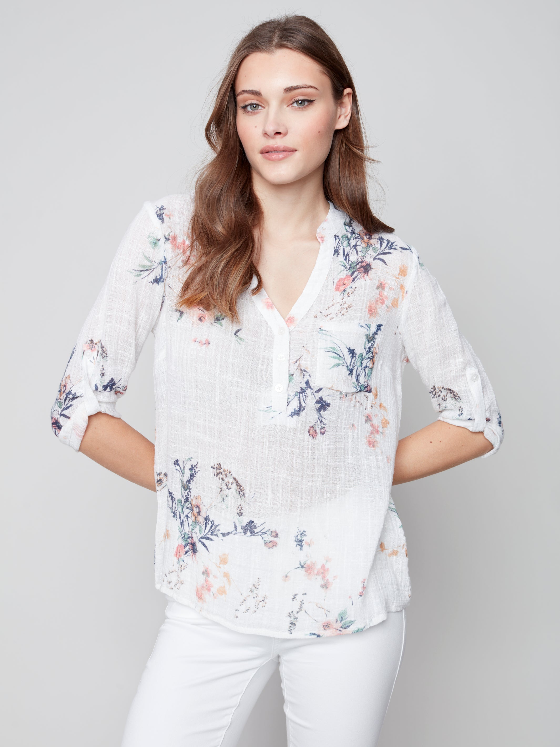 Printed Half Button Cotton Gauze Blouse Bouquet