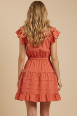 Flutter Sleeve Tiered Mini Dress Orange Red