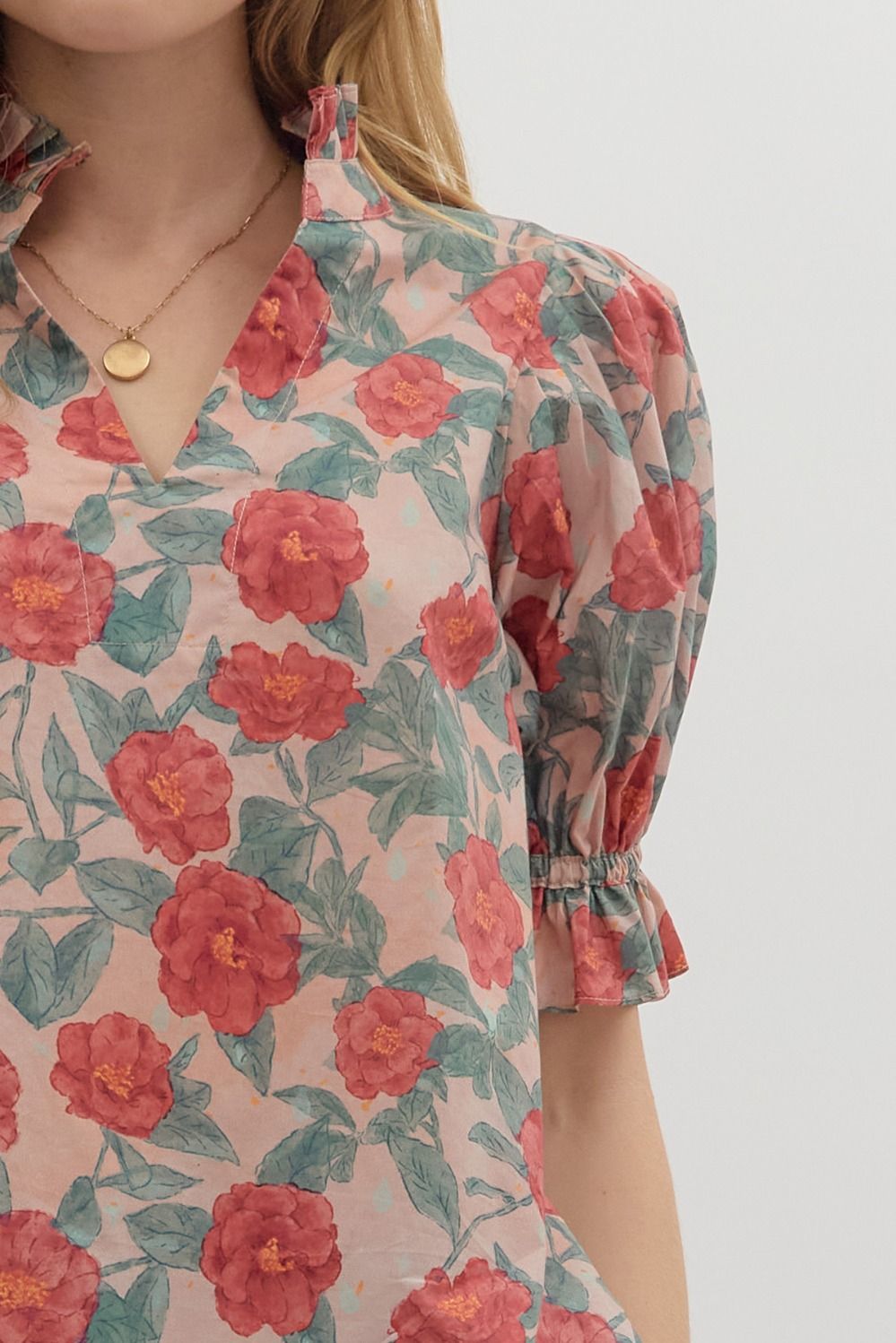 Floral Pattern Short Puff Sleeve Pleated Ruffle Top Vintage Rose
