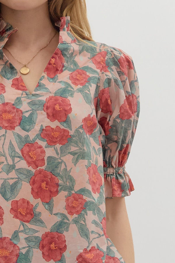 Floral Pattern Short Puff Sleeve Pleated Ruffle Top Vintage Rose