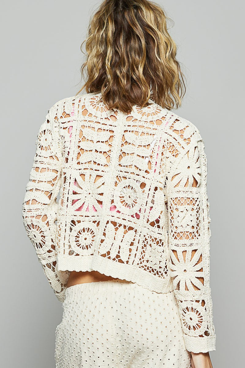 Cropped Vneck Crochet Cardigan Natural