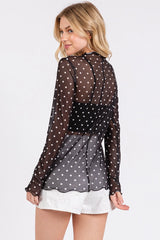Polka Dot Mesh Long Sleeve Top Black