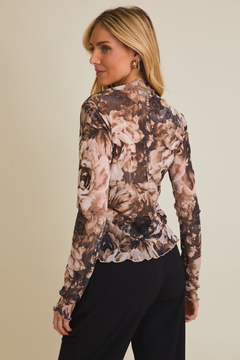 Long Sleeve Merrow Hem Floral Mesh Top Taupe Black Floral