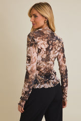 Long Sleeve Merrow Hem Floral Mesh Top Taupe Black Floral