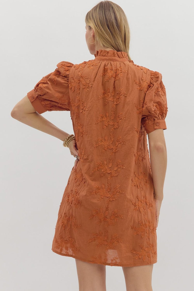 Stitched Floral Applique Button Down Dress Caramel