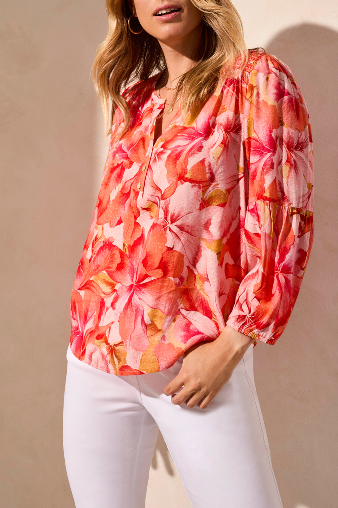 3/4 Sleeve Smoked Yoke Printed Blouse Coral Sky