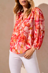 3/4 Sleeve Smoked Yoke Printed Blouse Coral Sky