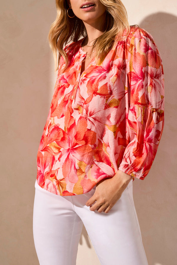 3/4 Sleeve Smoked Yoke Printed Blouse Coral Sky