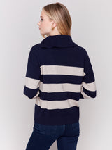 Side Zipper Stripe Turtleneck Sweater Navy