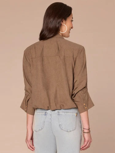 Bubble Hem 3/4 Tucked Sleeve Button Down Shirt Moonrock