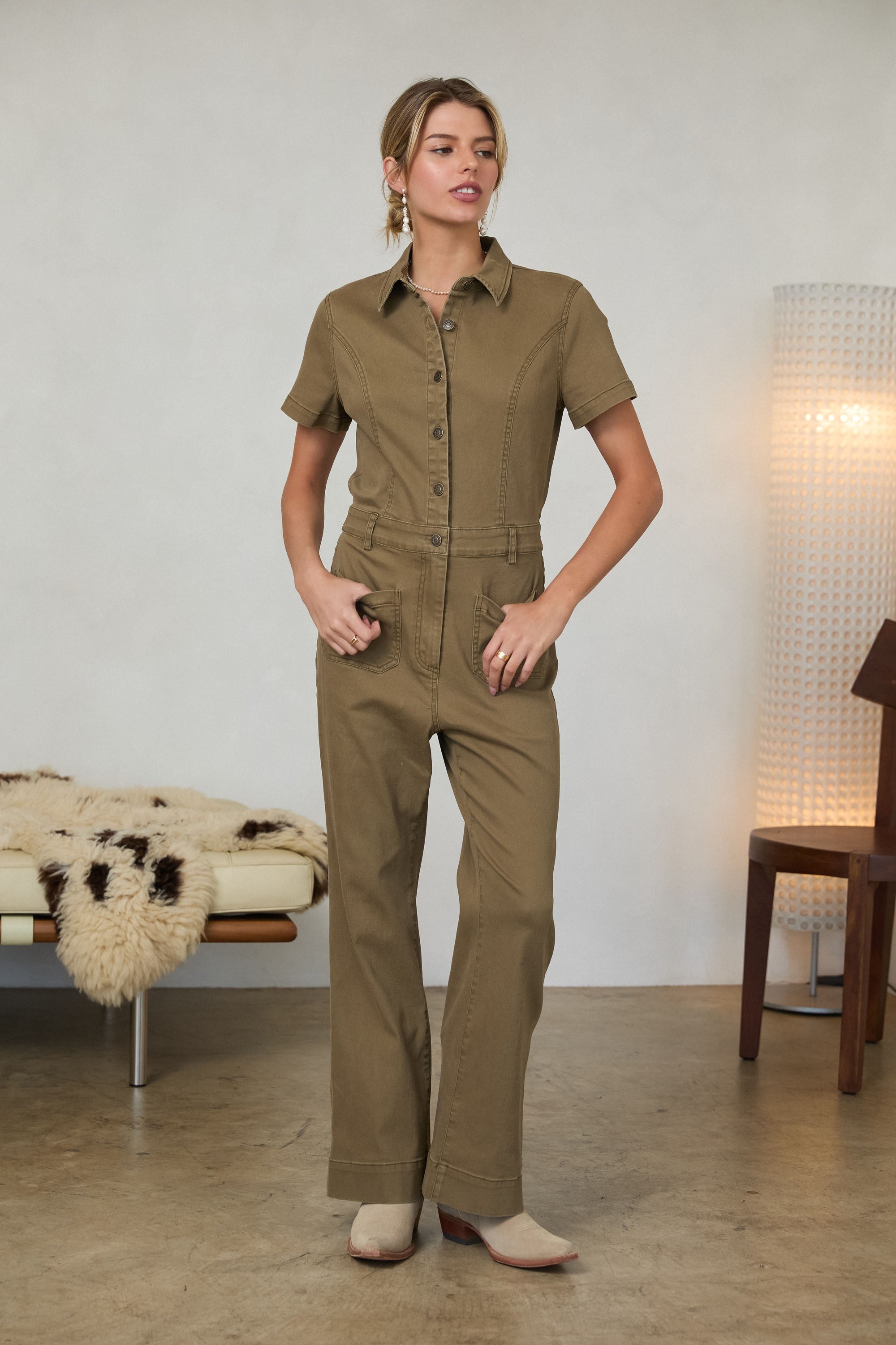 Cotton Twill Short Sleeve Jumpsuit Olive