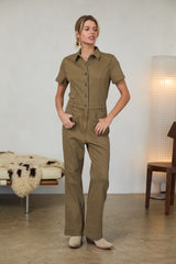 Cotton Twill Short Sleeve Jumpsuit Olive