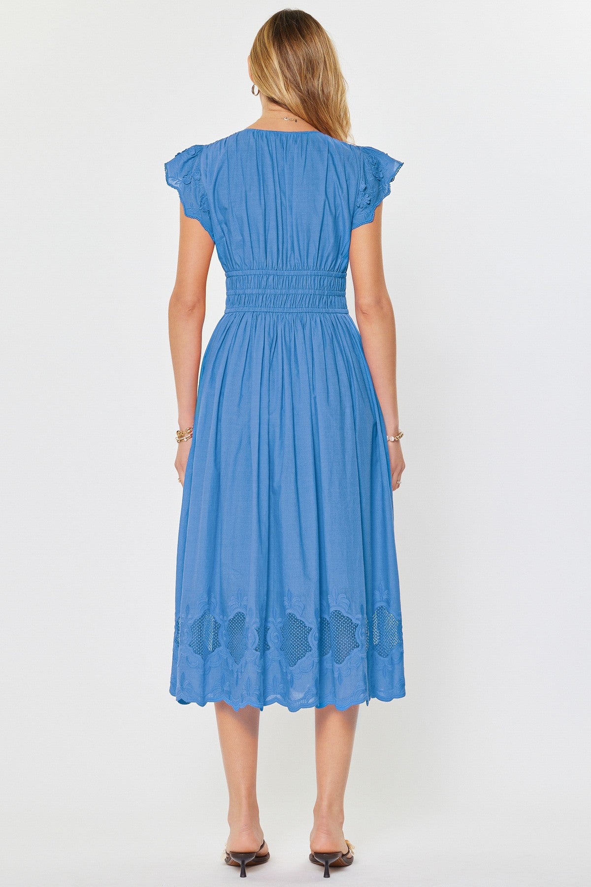 Embroidered Lace Flutter Sleeve Midi Dress Faded Blue