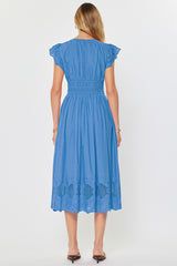 Embroidered Lace Flutter Sleeve Midi Dress Faded Blue