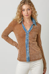 Washed Rib Thermal Denim Collar Button Down Shirt Washed Camel