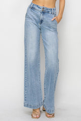 High Rise Double Button Wide Jeans Light
