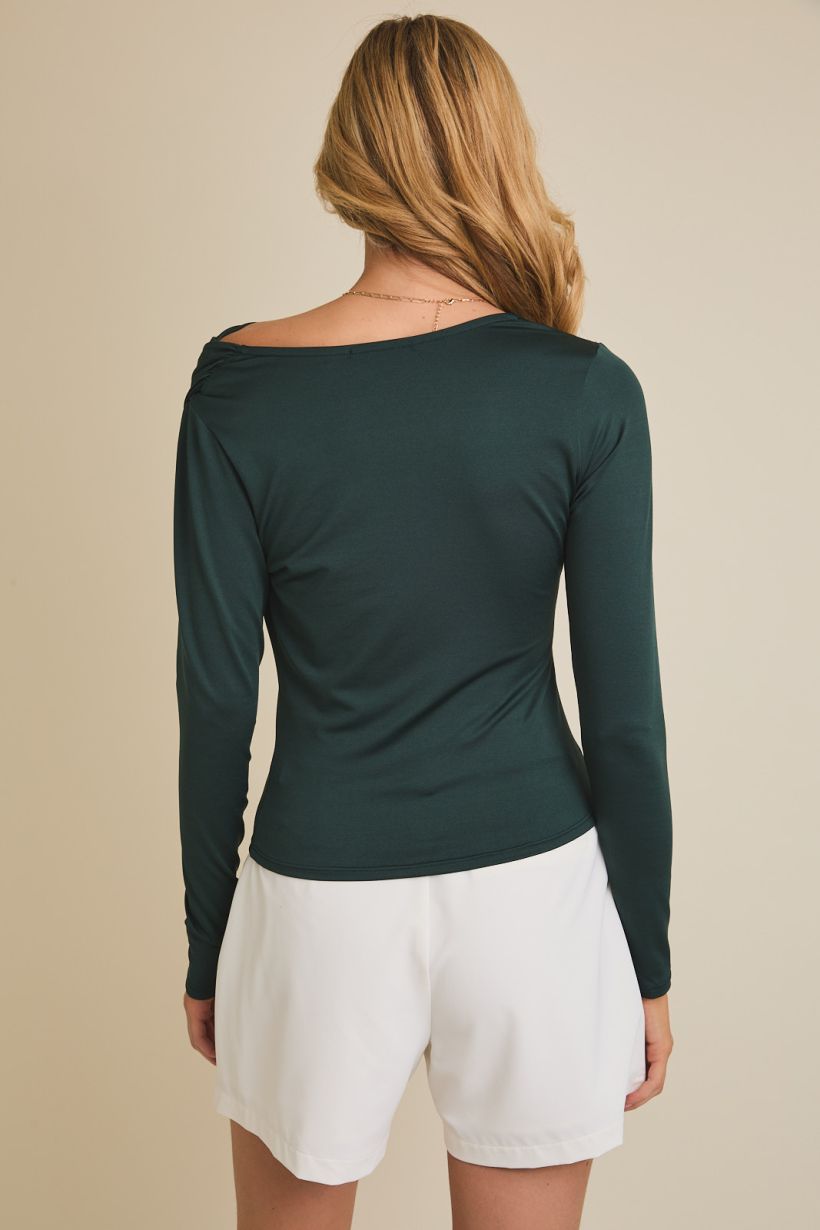 Draped Asymmetric Neckline Long Sleeve Top Dark Green