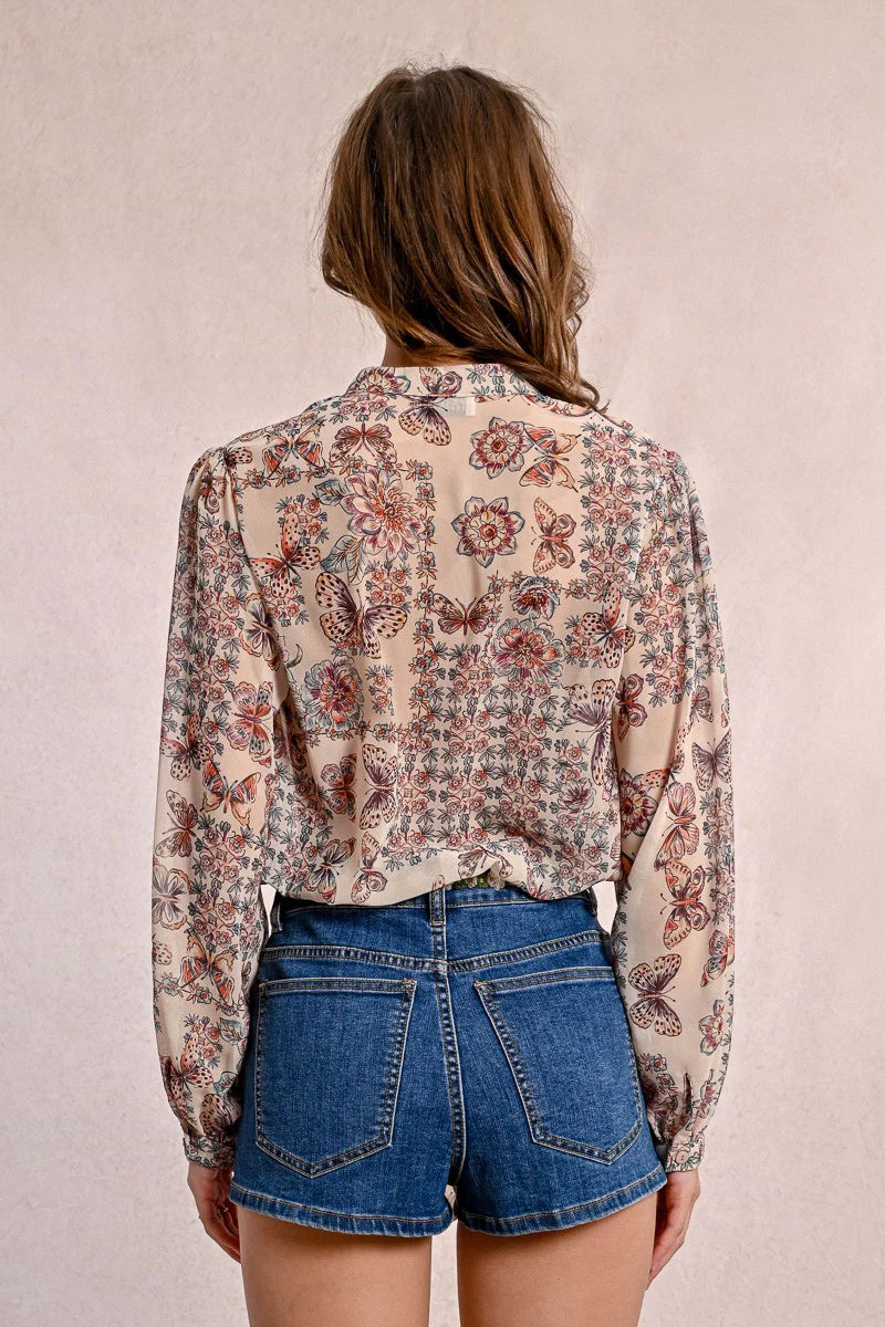 Butterfly Floral Print Tie Waist Long Sleeve Blouse Cream Capucine