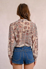Butterfly Floral Print Tie Waist Long Sleeve Blouse Cream Capucine