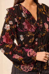 Lined Embroidered Floral Frill Blouse Black