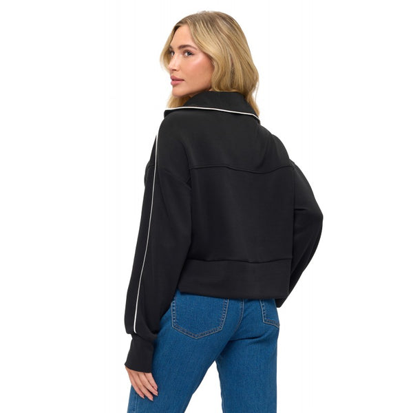 Zipper Detail Scuba Top W/Piping Black