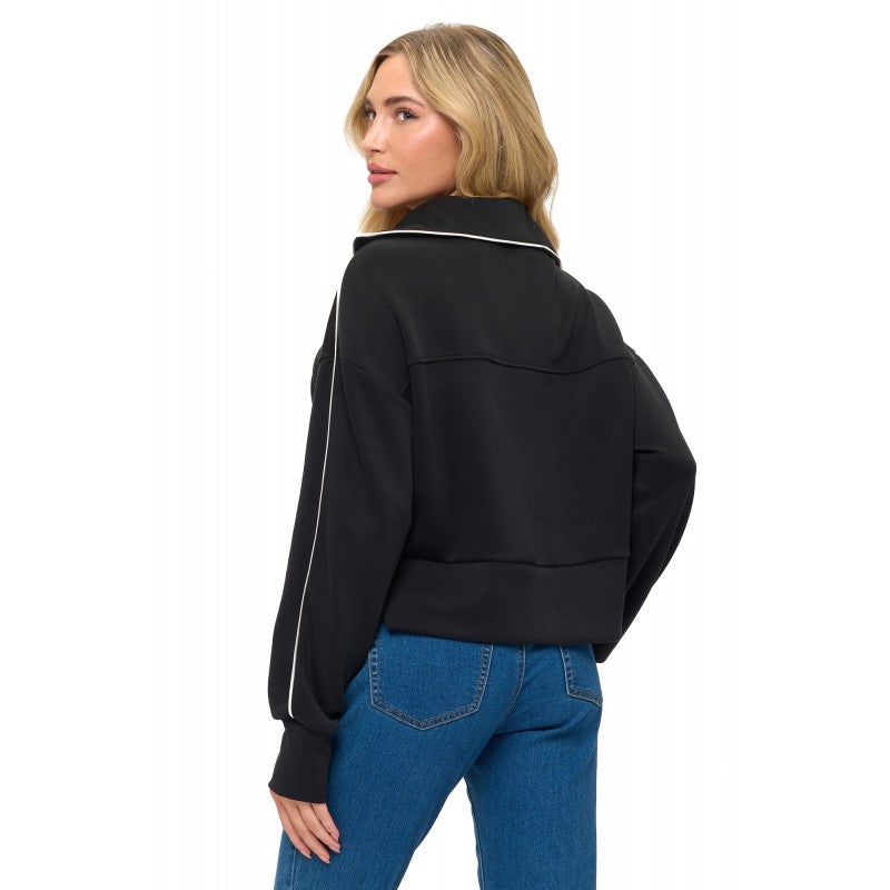 Zipper Detail Scuba Top W/Piping Black