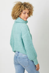 Chunky Loose Knit Turtleneck Cropped Sweater Seafoam