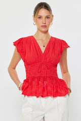 Embroidered Vneck Peplum Top Red