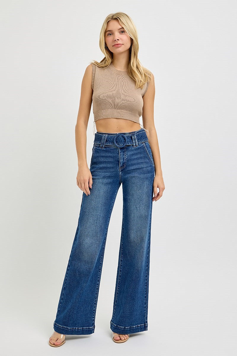 Tummy Control High Rise Wide Leg Belted Jean Dark