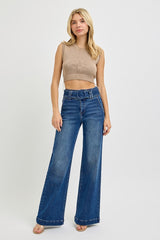 Tummy Control High Rise Wide Leg Belted Jean Dark