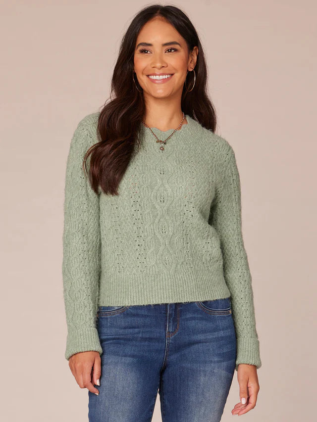 Scallop Edge Round Neck Pointelle Sweater Heather Spruce