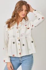 Embroidered Medallions Washed Peplum Jacket Off White